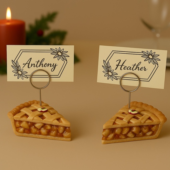 Apple Pie Place Card Holders - Set of 2 Hand-Sculpted Clay Table Setting Decor - Picture 1 of 11